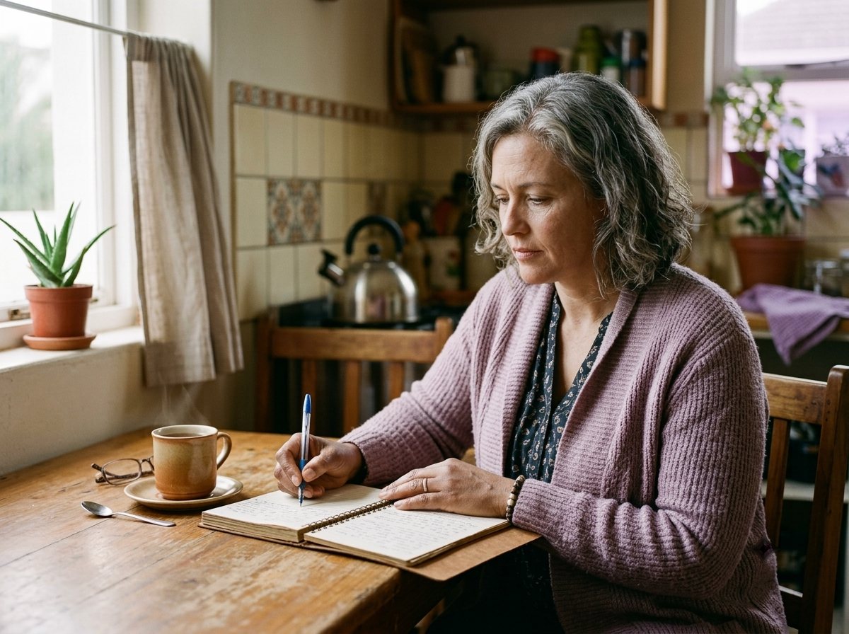 A woman writing in a notebook at her kitchen table in the early morning