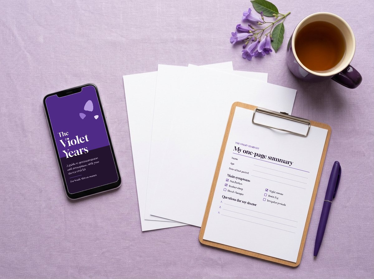 The Violet Years guide open on a phone, next to printed pages from the kit on a clipboard